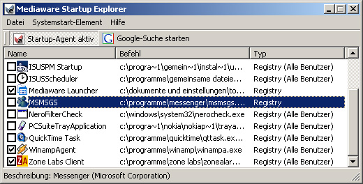 Screenshot vom Programm: Mediaware Startup Explorer